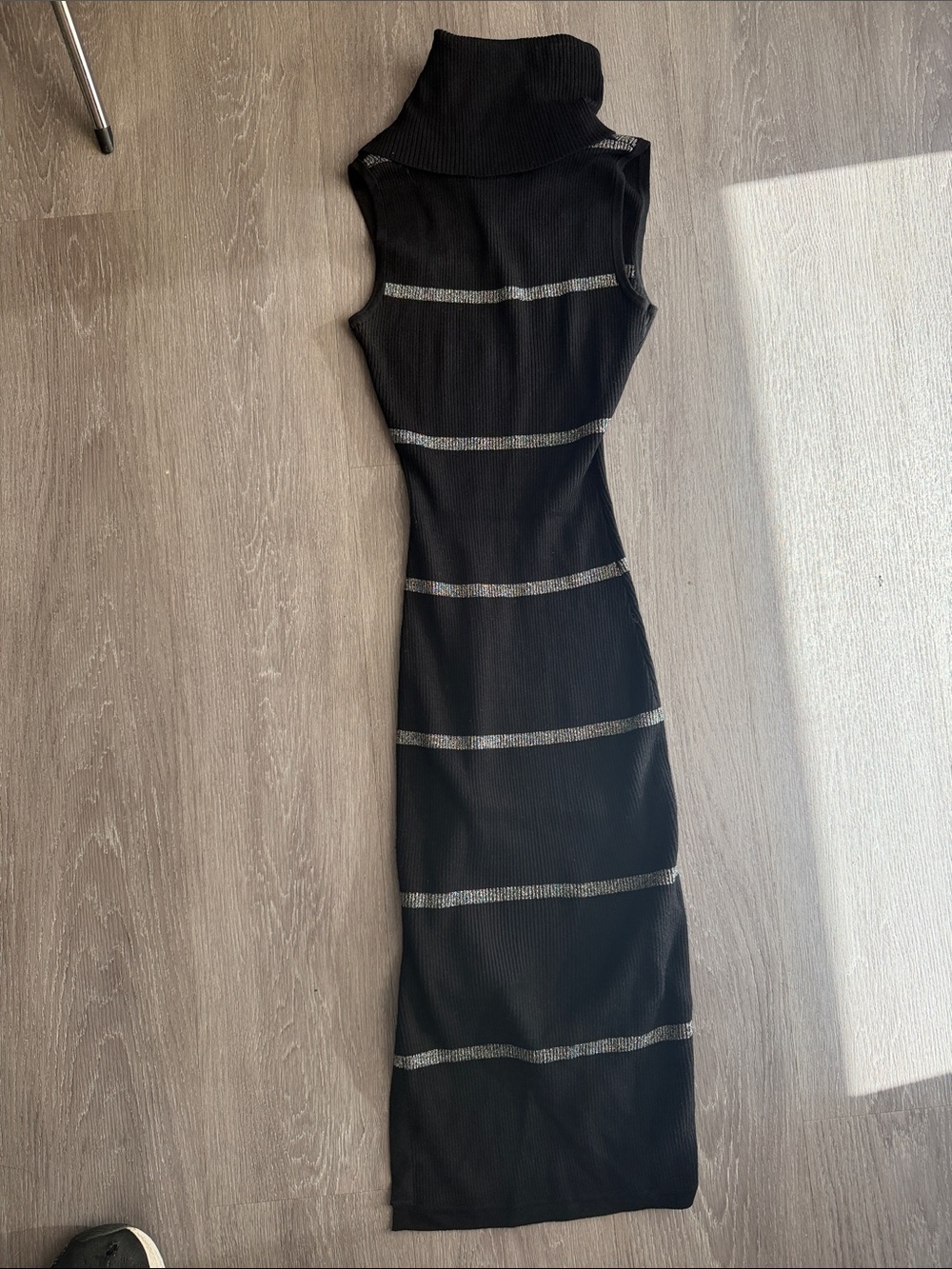 Sleeveless Turtleneck Black Ribbed Midi Dress with Silver Stripe Detail